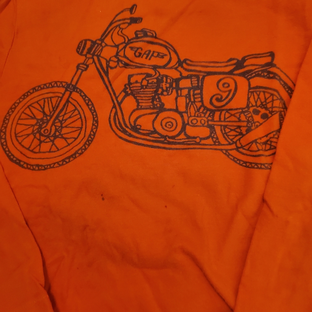 GAP Orange Kids Long Sleeve Tee with Motorcycle Graphic- Ink Mark As Shown. - Picture 2 of 4